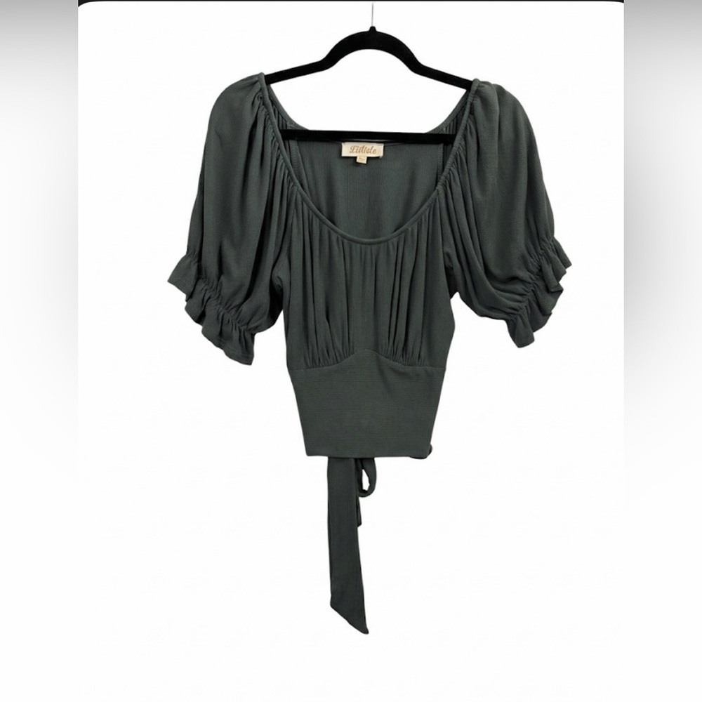 Listicle Sage Green Ribbed Puff Sleeve Tie-Back Crop Top XL